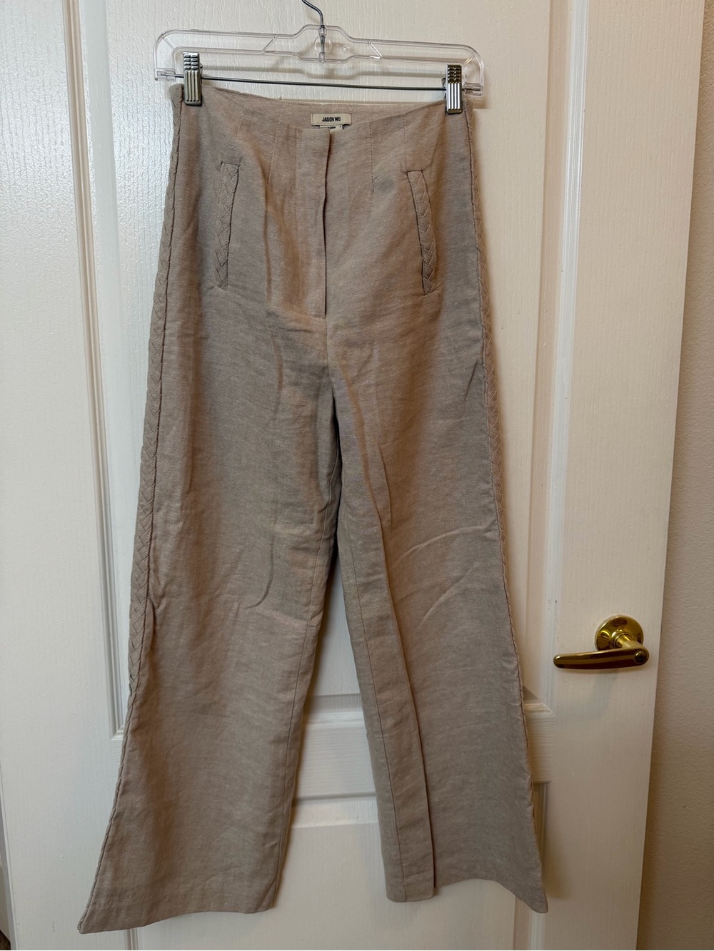 Jason Wu Beige Wide-Leg Linen-Blend Pants with Braided Side Detailing